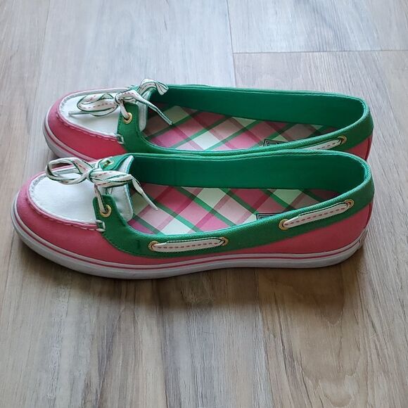 🩵Sperry "Hailey" Pink & Green Top Sider Slip-on Boat Shoes Size 8 - Picture 4 of 11